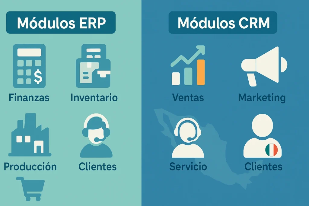 Diferentes módulos de ERP y CRM